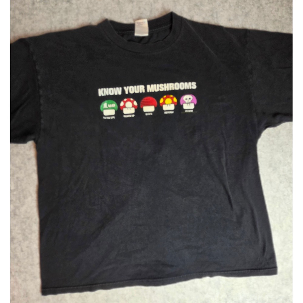 Know Your Mushrooms Gaming T-Shirt Mens XL Delta Pro Weight Black 1-UP Poison